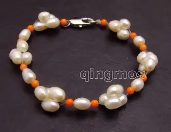 Maža 5-6mm, Baltųjų Ryžių Natūralių gėlavandenių perlų ir 3-4mm Oranžinė, Koralų 7.5