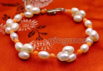 Maža 5-6mm, Baltųjų Ryžių Natūralių gėlavandenių perlų ir 3-4mm Oranžinė, Koralų 7.5