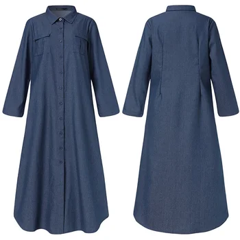 Plus Size ZANZAE Derliaus Moterų Marškinėliai Suknelė 2021 M. Pavasarį Denim Blue Maxi Vestidos Atsitiktinis, Kietas ilgomis Rankovėmis Atvartas Apykaklės Sundress