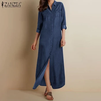 Plus Size ZANZAE Derliaus Moterų Marškinėliai Suknelė 2021 M. Pavasarį Denim Blue Maxi Vestidos Atsitiktinis, Kietas ilgomis Rankovėmis Atvartas Apykaklės Sundress