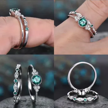 Papuošalai Pora Žiedas Ant Piršto 2vnt Putojantis Natūralus Akmuo Žiedas Rinkinys Moterims, Smaragdas, Safyras Vestuvių Žiedai