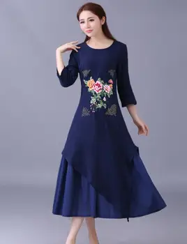 Parduoti Kaip Karšto Papločiai / Pavasario Moterų Naujos Mados Nacionalinės Vėjo Siuvinėjimo Suknelė 7 Taškų Rankovėmis Suknelė /L-XL