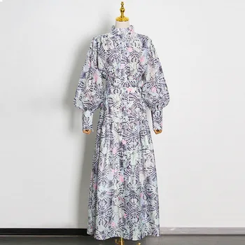 Big-pavadinimas vasarą moterų medvilnės spausdinimo aukštas kaklas elegantiškas suknelė 2020New moterų ilgomis rankovėmis mados šalis, plisuotos tutu sijonas XL
