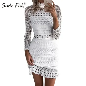 Elegantiškas Nėrinių Tuščiaviduriai Iš Šalies Suknelė Rudenį Moterys ilgomis Rankovėmis Balta Mini Suknelė 2019 Lady Užtrauktukas Slim Raukiniai Hemline Jurken GV374
