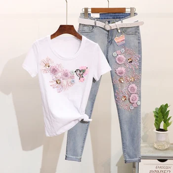 Vasarą moterys naujas china siuvinėjimas, gėlių, paukščių medvilnės marškinėliai + retro džinsai 2-piece Ms elegantiškas Trumpas slee jeanspants atsitiktinis rinkiniai