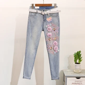 Vasarą moterys naujas china siuvinėjimas, gėlių, paukščių medvilnės marškinėliai + retro džinsai 2-piece Ms elegantiškas Trumpas slee jeanspants atsitiktinis rinkiniai