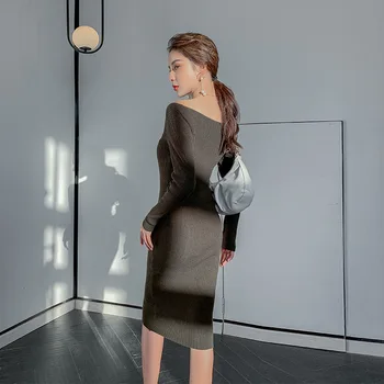 Suknelė 2020 m. rudens ir žiemos naujas ponios mezgimo slim temperamentas vieną petį Office Lady Apvalkalas, Užtrauktukų