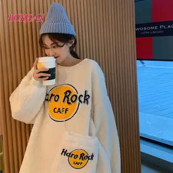 Rožinė Moterų Hoodies Sweatershirt Korėjos Stiliaus Negabaritinių Purus Dirbtiniais Kašmyras Priežastinis Puloveris Kawaii Animacinių Filmų Streetwear 2020 M.
