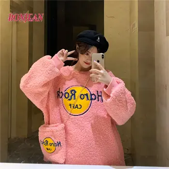 Rožinė Moterų Hoodies Sweatershirt Korėjos Stiliaus Negabaritinių Purus Dirbtiniais Kašmyras Priežastinis Puloveris Kawaii Animacinių Filmų Streetwear 2020 M.
