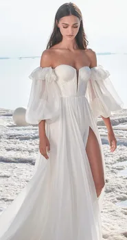 Boho Vestuvių Suknelės Beach Ilgai Reljefiniai Šifono Rankovėmis Brangioji Kaklo Vestuvių Suknelė Valymo Traukinio Užsakymą Padalinta Nuotakos Suknelė