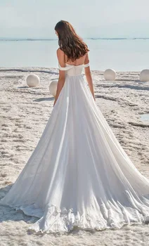 Boho Vestuvių Suknelės Beach Ilgai Reljefiniai Šifono Rankovėmis Brangioji Kaklo Vestuvių Suknelė Valymo Traukinio Užsakymą Padalinta Nuotakos Suknelė