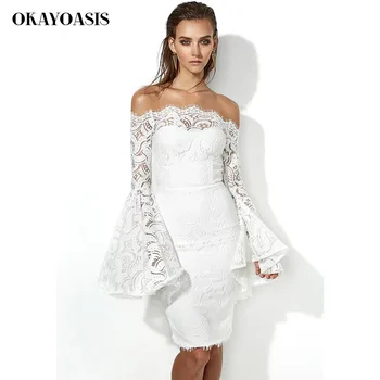 OKAYOASIS 2018 m. Rudenį Naujų Senovinių Nėrinių Suknelės Stebėjimo Velniop Kaklo Gėlių Balta Suknelė ilgomis Rankovėmis Elegantiškas Gėlių Slim Bodycon