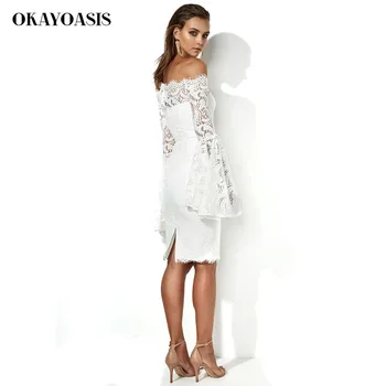 OKAYOASIS 2018 m. Rudenį Naujų Senovinių Nėrinių Suknelės Stebėjimo Velniop Kaklo Gėlių Balta Suknelė ilgomis Rankovėmis Elegantiškas Gėlių Slim Bodycon