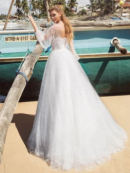 Tiulis-Line Vestuvių Suknelės, O Kaklo Iliuzija Žibintų Rankovėmis Elegantišką Perlų Nėrinių Kristalų 2020 Naujų Grindų Ilgio Vestuvinės Suknelės