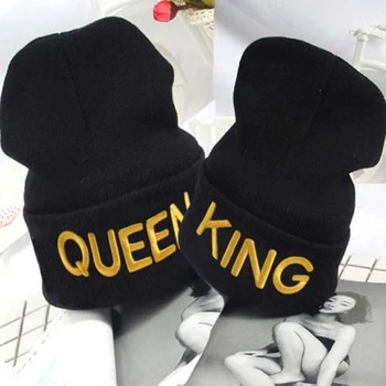 Vyrų, Moterų Kepuraitė Slidinėjimo Mezgimo Kepurė Hip-Hop Tuščią Spalva Karalius ir Karalienė Laiškas Spausdinti Žiemos Šiltos Unisex Vilnos Skrybėlę 2 Stilius