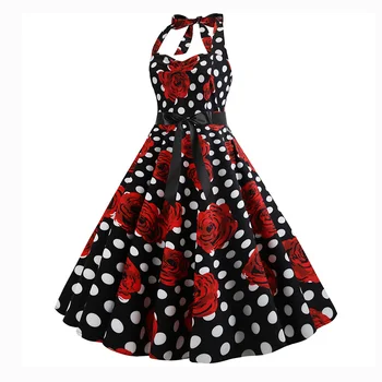 Balta Polka Dot & Red Rose Black Print Apynasrio Kaklo, Rankovių Linija Mielas Saldus Suknelė Moterims Clubwear Derliaus Suknelės 50s 60s