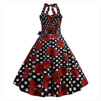 Balta Polka Dot & Red Rose Black Print Apynasrio Kaklo, Rankovių Linija Mielas Saldus Suknelė Moterims Clubwear Derliaus Suknelės 50s 60s
