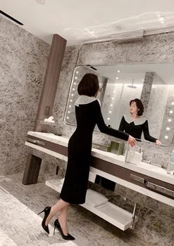 2020 naujas korėjiečių moterų drabužių Office Lady Poliesteris Kelio Ilgis Reguliariai ZippersLong rankovėmis suknelė