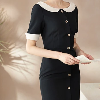 Hepburn stiliaus juoda suknelė 2020 metų vasaros naują temperamentas trumpas rankovėmis slim priemiestinių midi sijonas