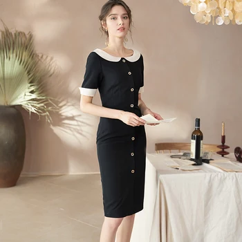 Hepburn stiliaus juoda suknelė 2020 metų vasaros naują temperamentas trumpas rankovėmis slim priemiestinių midi sijonas