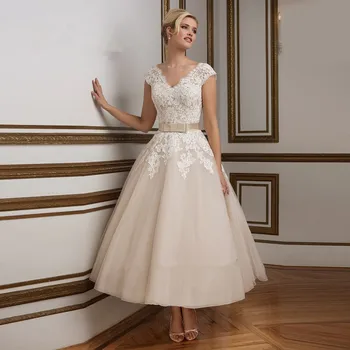 Vestido de Noiva Curto Derliaus Arbata Ilgis Vestuvių Suknelės 2020 Šampano Balta Nėrinių Nuotakos Suknelė Princesė Chalatai Trumpas Dangteliu Rankovėmis