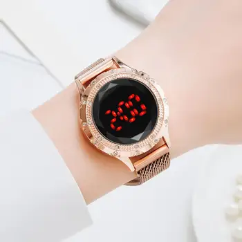 Montre dame Prabangos Ponios, kalnų krištolas LED Skaitmeninio Laikrodžio Paprastas Apvalus Ciferblatas Lydinio Magnetinį Dirželį Moterų Mados Laikrodžiai Laikrodis