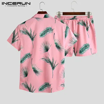 INCERUN Spausdinti Vyrų Havajų Rinkiniai 2021 Trumpas Rankovės Streetwear Marškinėliai Atsitiktinis Šortai Mados Kvėpuojantis Atvartas Paplūdimio Vyrų Kostiumas S-5XL