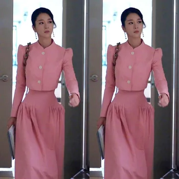 Kpop Seo Tiesa, Ji pati vasaros mados naujų rausvos spalvos, ilgas, trumpas rankovėmis marškinėliai topai+temperamentas prarasti Aukšto liemens sijonas moterims 2 dalių komplektas