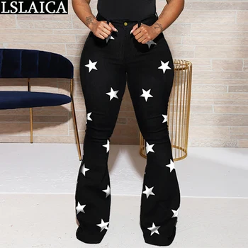 Mados Džinsinio Moteris Kelnės Aukštu Juosmeniu Žvaigždžių Spausdinti Moterų Flare Kelnės Rudenį 2020 Moterų Džinsus Streetwear Plius Dydis Ilgos Kelnės