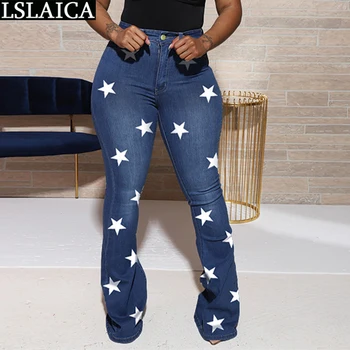 Mados Džinsinio Moteris Kelnės Aukštu Juosmeniu Žvaigždžių Spausdinti Moterų Flare Kelnės Rudenį 2020 Moterų Džinsus Streetwear Plius Dydis Ilgos Kelnės