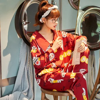 2021 Naujas Mados Sleepwear Moterų Šilko Satino Mielas Pižama Mergaitėms ilgomis Rankovėmis Viršūnes+Kelnės Su Kišenėmis Karikatūros Atsitiktinis Ištaigingas Dėvėti