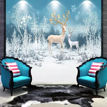 Foto Tapetai Šiuolaikinės 3D Miško Elnias Sniego Kraštovaizdžio Freskomis, Vaikų, Miegamojo Kambarį, Namų Dekoro Sienos Dokumentai Sienos 3 D Freska