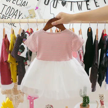 Vasaros Kūdikių, Mergaičių Suknelės Dryžuotas Modelis Trumpomis Rankovėmis Suknelė Su Tinklelio Dizaino Medvilnės Mielas Vaikams, Vaikiška Sundress New1