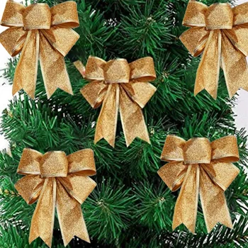 10VNT Kalėdų Medžio Apdaila Lankai Kaspinu Aukso 25 x 21cm Kalėdų Papuošalai