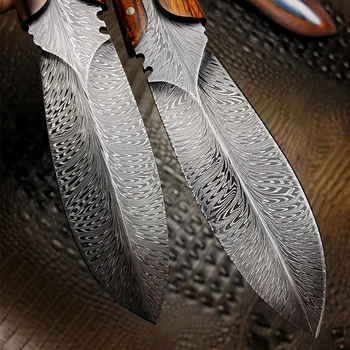 High-end integruotas kilio Damaske plunksnų modelio plieno smėlio, geležies, medžio rankena su apvalkalu, lauko kempingas EDC peilis įrankis