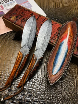 High-end integruotas kilio Damaske plunksnų modelio plieno smėlio, geležies, medžio rankena su apvalkalu, lauko kempingas EDC peilis įrankis