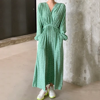 Korėjos Stiliaus Moterų Žalia/Rožinė/Mėlyna Spausdinti Ilga Suknelė Elegantiškas V-kaklo, ilgomis Rankovėmis Atsitiktinis Dvigubos Kišenės Suknelės Moterų Vestido 2020 m.