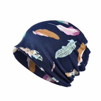 Moterų Skrybėlę Kaklo Šaliką Multi-Naudoti Plunksnos Spausdinti Vėjo Turbaną Baggy Beanie Kepurė HATRX0030