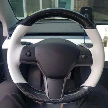 Automobilio Vairas Padengti 5D Anglies Pluošto & White PU Odos, Rankomis Susiuvami Vairo Dangtelis Tesla Model 3 2017-2020