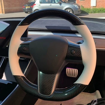 Automobilio Vairas Padengti 5D Anglies Pluošto & White PU Odos, Rankomis Susiuvami Vairo Dangtelis Tesla Model 3 2017-2020