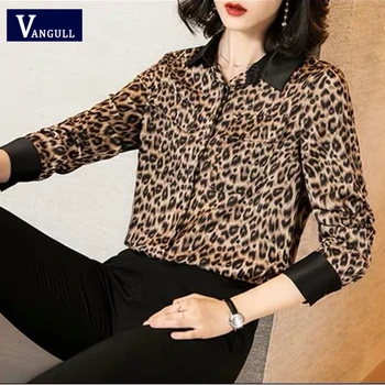 VANGULL Pavasario Leopardas Spausdinti Moterų Marškinėliai ilgomis Rankovėmis Vieną Krūtinėmis Plius Dydis Šifono Palaidinė marškinėliai 2019 m. Vasaros Naują Atsitiktinis Viršūnės