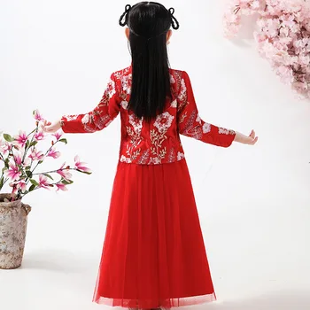 Rudenį Ir Žiemą Mergaičių Hanfu ilgomis Rankovėmis, Siuvinėta Suknelė Raudona Naujųjų Metų Suknelė Šalis Suknelė Vestuvių Gėlių Vaikų Drabužiai