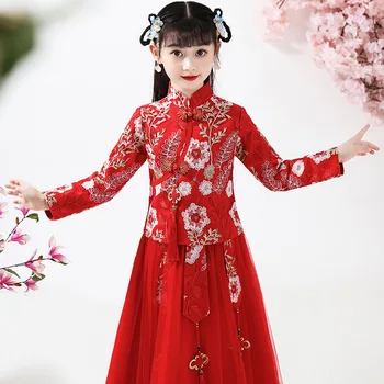 Rudenį Ir Žiemą Mergaičių Hanfu ilgomis Rankovėmis, Siuvinėta Suknelė Raudona Naujųjų Metų Suknelė Šalis Suknelė Vestuvių Gėlių Vaikų Drabužiai