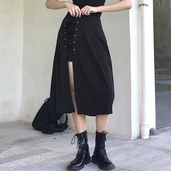 Moterų Gothic Punk Aukšto Juosmens Plisuotos Midi Ilgas Juodas Sijonas, Seksualus Nereguliarus Pusės Split Kryžiaus Nėriniai-Up Tvarstis Streetwear