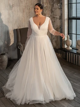 Ilgai Plus Size Tiulio A-Line Wedding Dresses Scoop Trys Ketvirtį Rankovėmis Mygtuką Klostes Appliqued Duobute 2020 Vestuvinės Suknelės