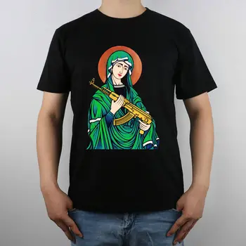 2018 Naują Atvykimo Mergelės Marijos Madona Kalašnikovas Ginklą T-Shirt Viršuje Grynos Medvilnės Marškinėliai Vyrams
