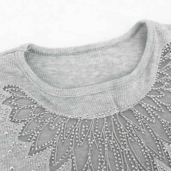 Elegantiškas Moteris Rudens Ir Žiemos Plonas, T-Marškinėliai Kratinys Tuščiaviduriai Iš Dizaino Duobute Dekoro Matyti Per O-Kaklo, Ilgomis Rankovėmis Kietas Viršų