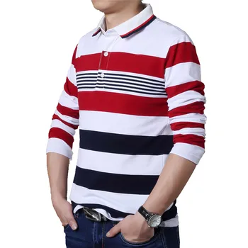 BROWON Rudenį Atsitiktinis Vyrų T-shirt Balta ir Raudona Juostele Modelis Fitneso ilgomis Rankovėmis Turn-žemyn Apykaklės vatos Pagaliukai Juostele Drabužiai