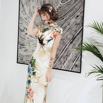 Negabaritinių 4XL Qipao Moterų Mandarinų Apykaklės Ilgai Kinų Stiliaus Prom Šalis Suknelė Vintage Spausdinti Gėlių Aukštos Padalinta Cheongsam Vestidos
