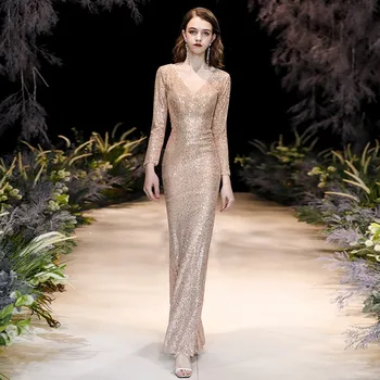 Aukso Blizgučiai Bling vakarinę Suknelę Slim Mermaid Dress Temperamentas V-kaklo Pokylių Suknelė Elegantiškas Maxi Suknelė Chalatas De Soiree XS-3XL